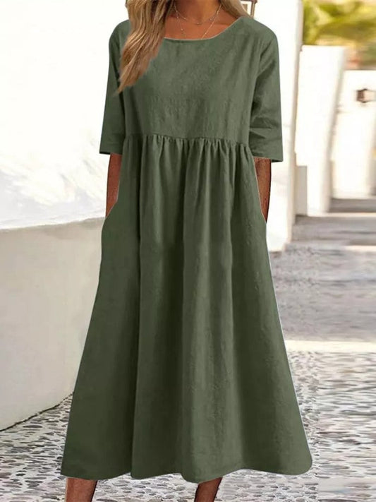 Cotton-Linen Pocket Midi - Round Neck — plus-size dress, Kothlis