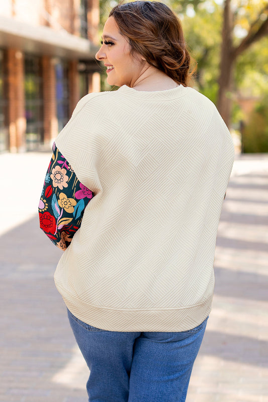 White Floral-Sleeve Textured Pullover — plus-size long-sleeve top, Kothlis