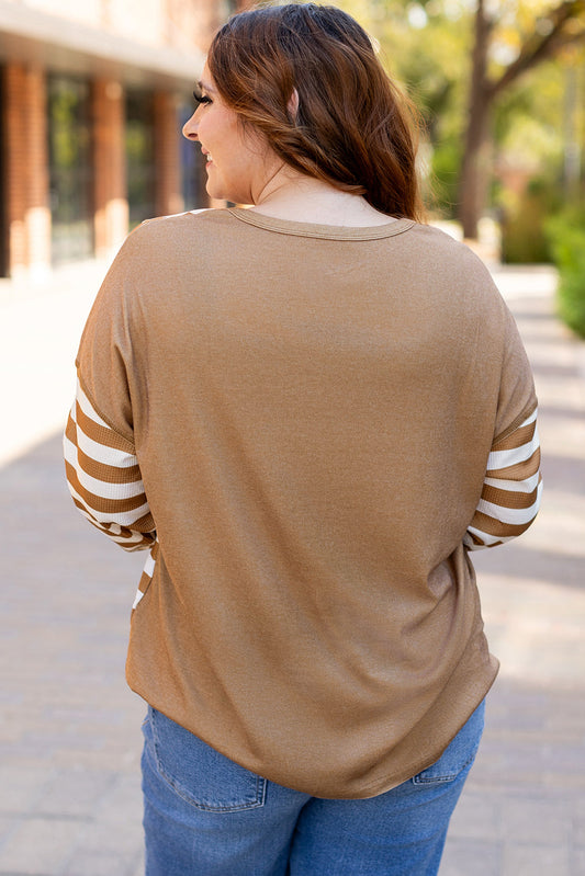 Khaki Stripe + Check Mixed-Print Pocket Top — plus-size long-sleeve top, Kothlis