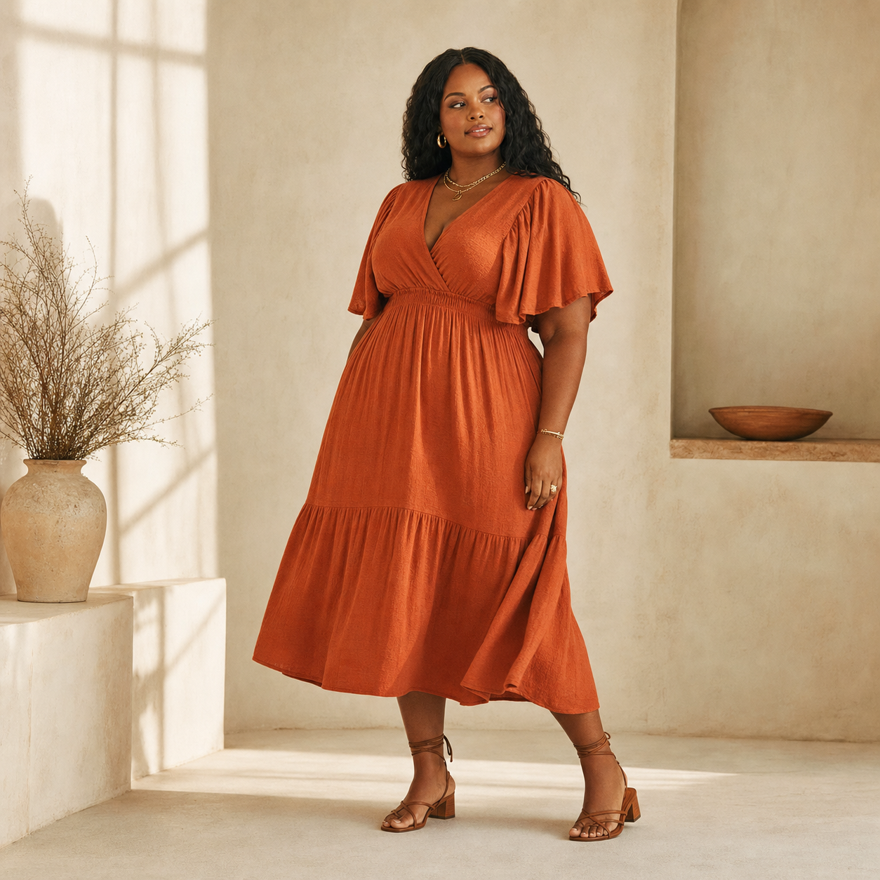 Plus-size woman in terracotta midi dress - Kothlis Dresses