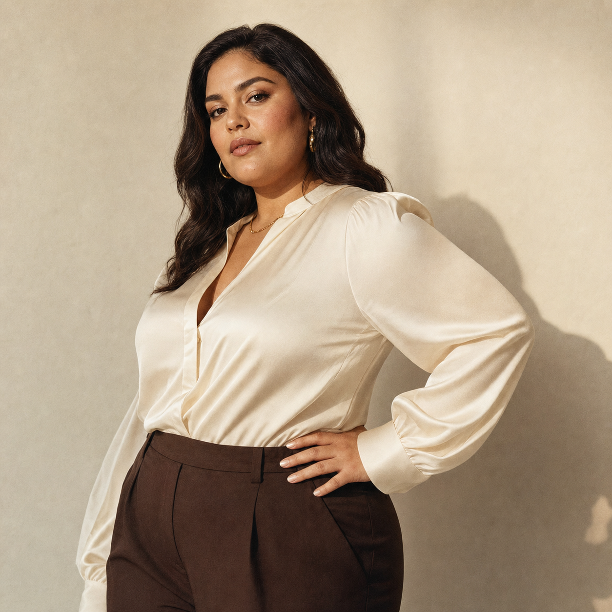 Plus-size woman in cream silk blouse - Kothlis Tops