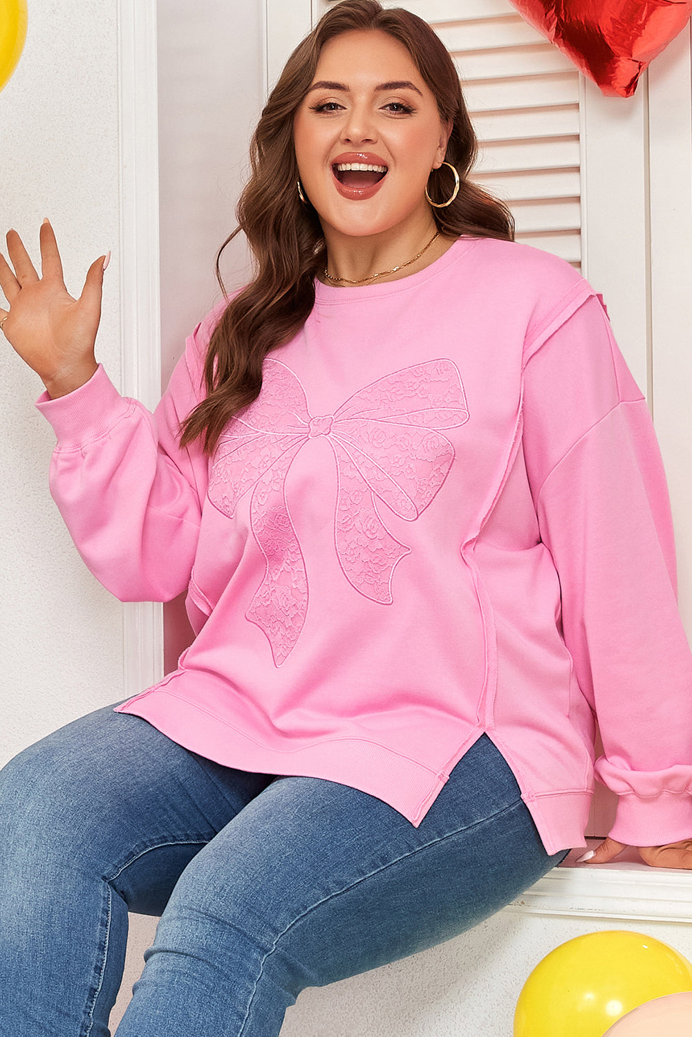 Pink Big-Bow Lace Dolman Sweatshirt — plus-size sweatshirt, Kothlis