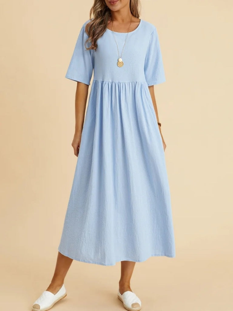 Cotton-Linen Pocket Midi - Round Neck — plus-size dress, Kothlis