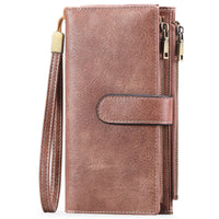 Women's Vintage Tri-Fold Wallet with RFID Protection - Oil Wax Leather Long Purse