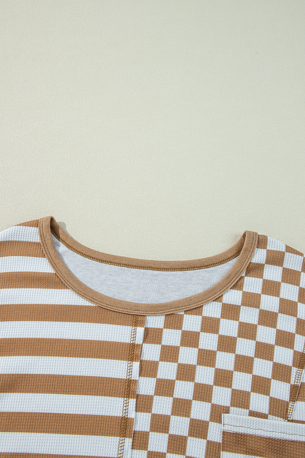 Khaki Stripe + Check Mixed-Print Pocket Top — plus-size long-sleeve top, Kothlis