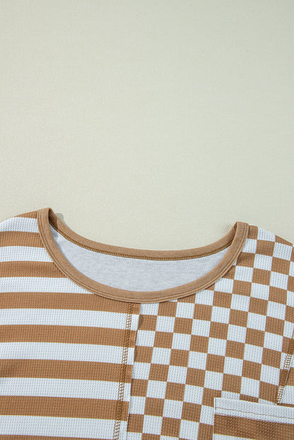 Khaki Stripe + Check Mixed-Print Pocket Top — plus-size long-sleeve top, Kothlis