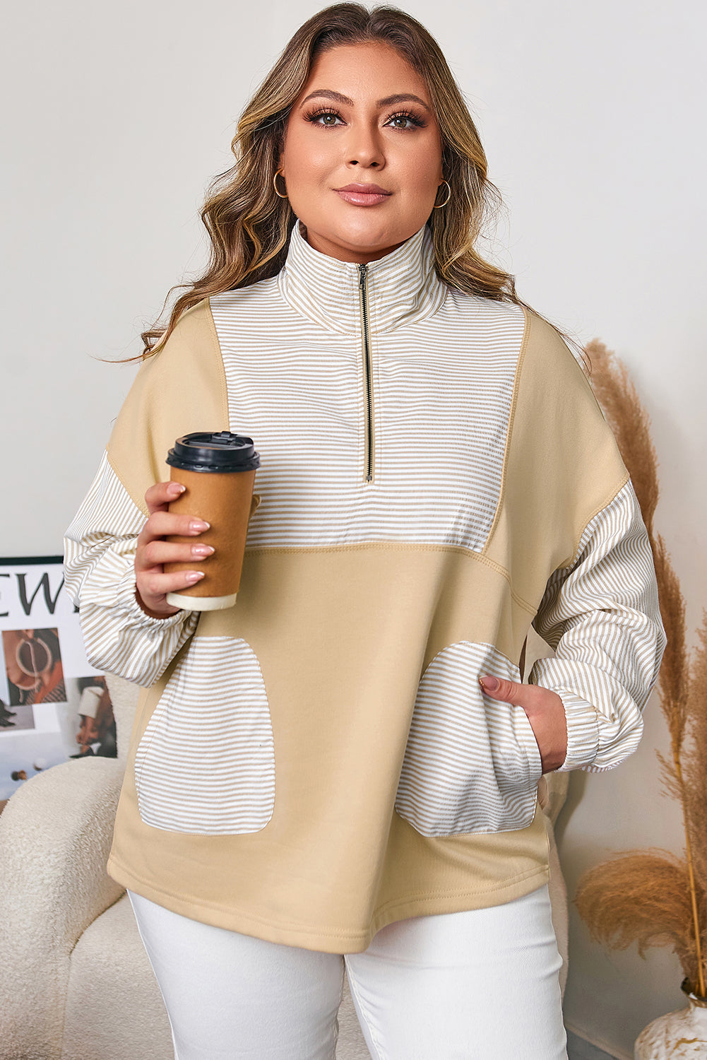 Khaki Stripe Half-Zip - French Terry Comfort — plus-size sweatshirt, Kothlis
