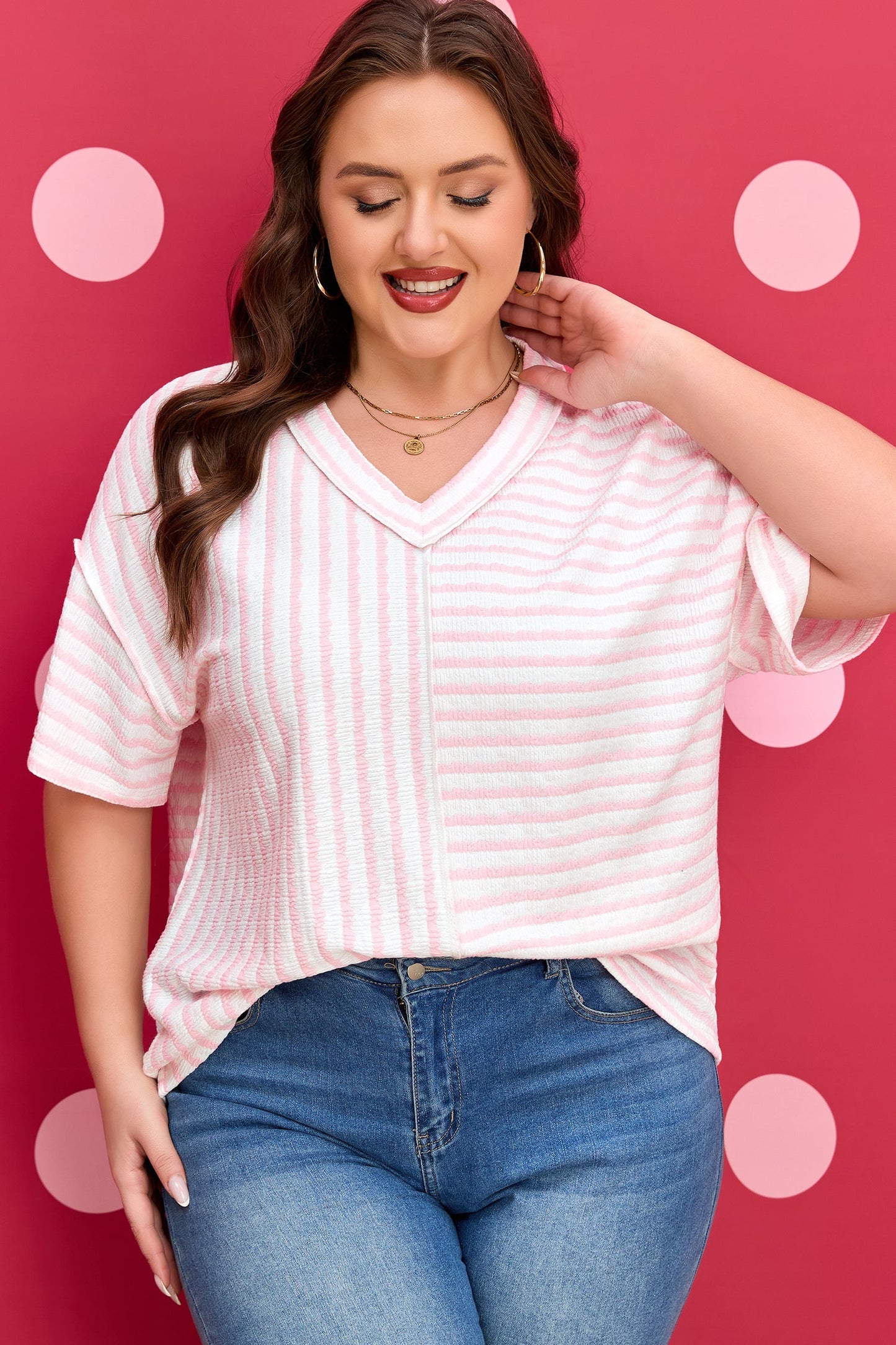 Nora - Striped V-Neck Tee with Seam Detail — plus-size top, Kothlis