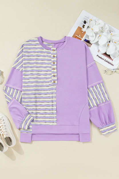 Purple Stripe Buttoned Drop-Shoulder Pullover — plus-size long-sleeve top, Kothlis