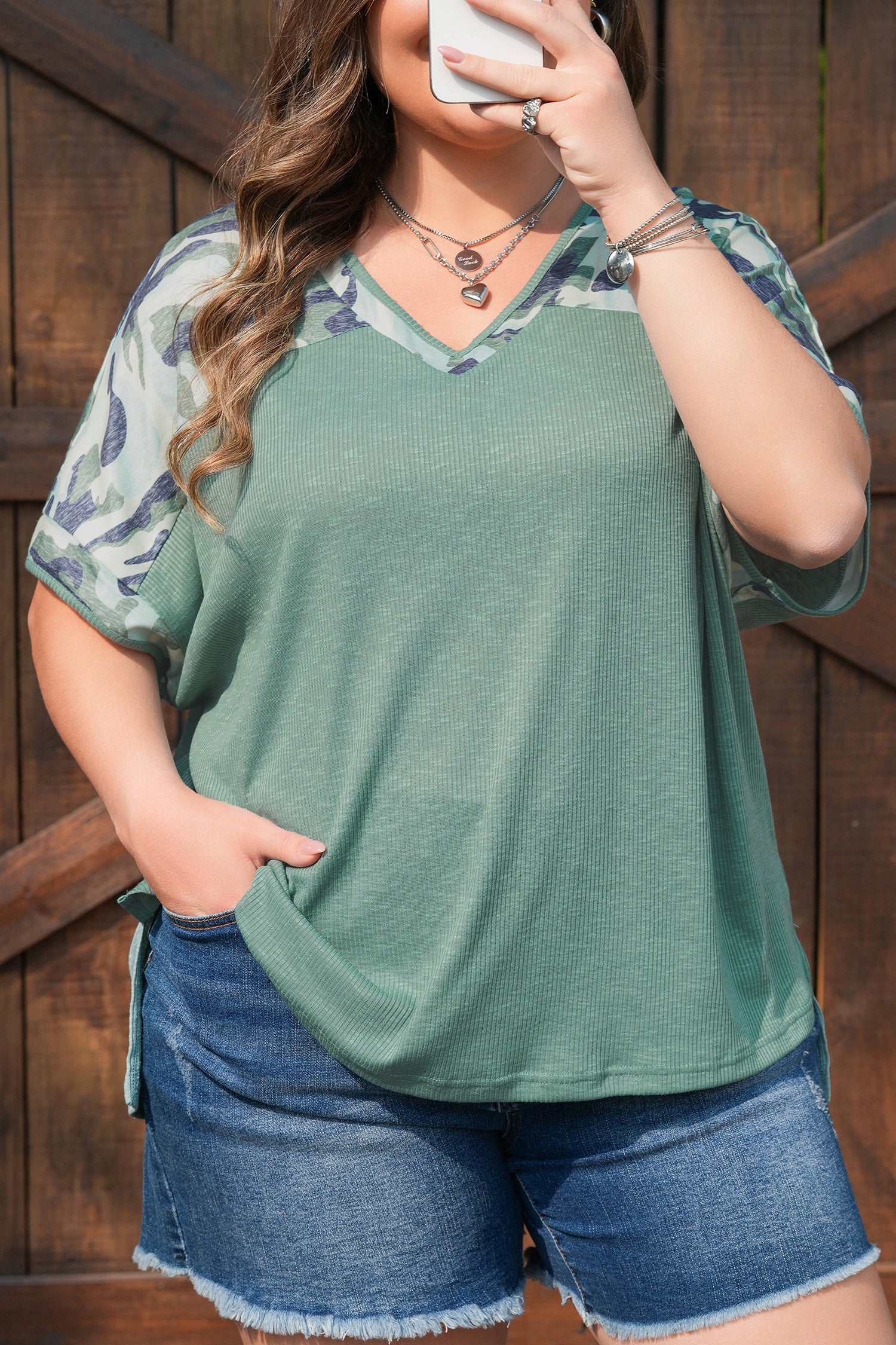 Mazie - Ribbed V-Neck Tee with Camo Patchwork — plus-size top, Kothlis