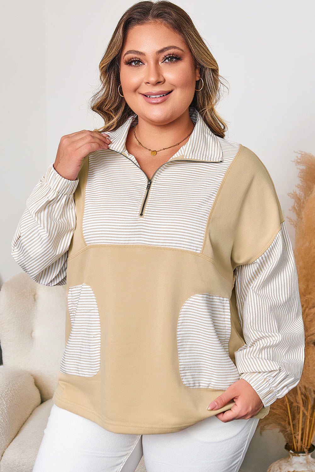 Khaki Stripe Half-Zip - French Terry Comfort — plus-size sweatshirt, Kothlis
