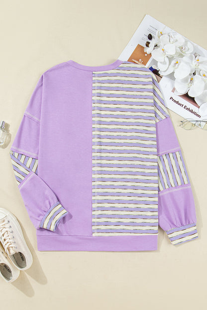 Purple Stripe Buttoned Drop-Shoulder Pullover — plus-size long-sleeve top, Kothlis