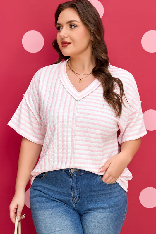 Nora - Striped V-Neck Tee with Seam Detail — plus-size top, Kothlis
