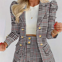 Plus Size Plaid Skirt Suit for Women – Two-Piece Blazer and High Waist Skirt Set