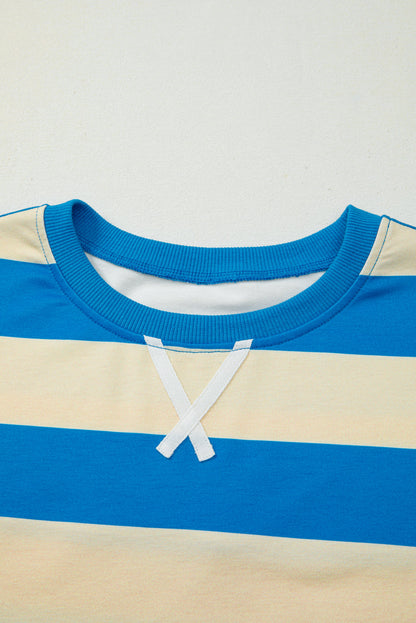 Blue Stripe Floral Drop-Shoulder Pullover — plus-size sweatshirt, Kothlis