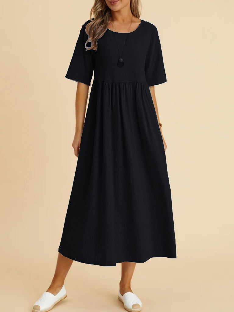 Cotton-Linen Pocket Midi - Round Neck — plus-size dress, Kothlis