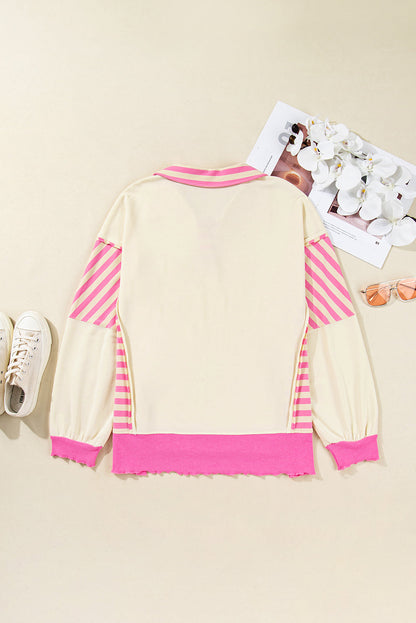 Pink Stripe Polo-Collar Drop-Shoulder Pullover — plus-size sweatshirt, Kothlis