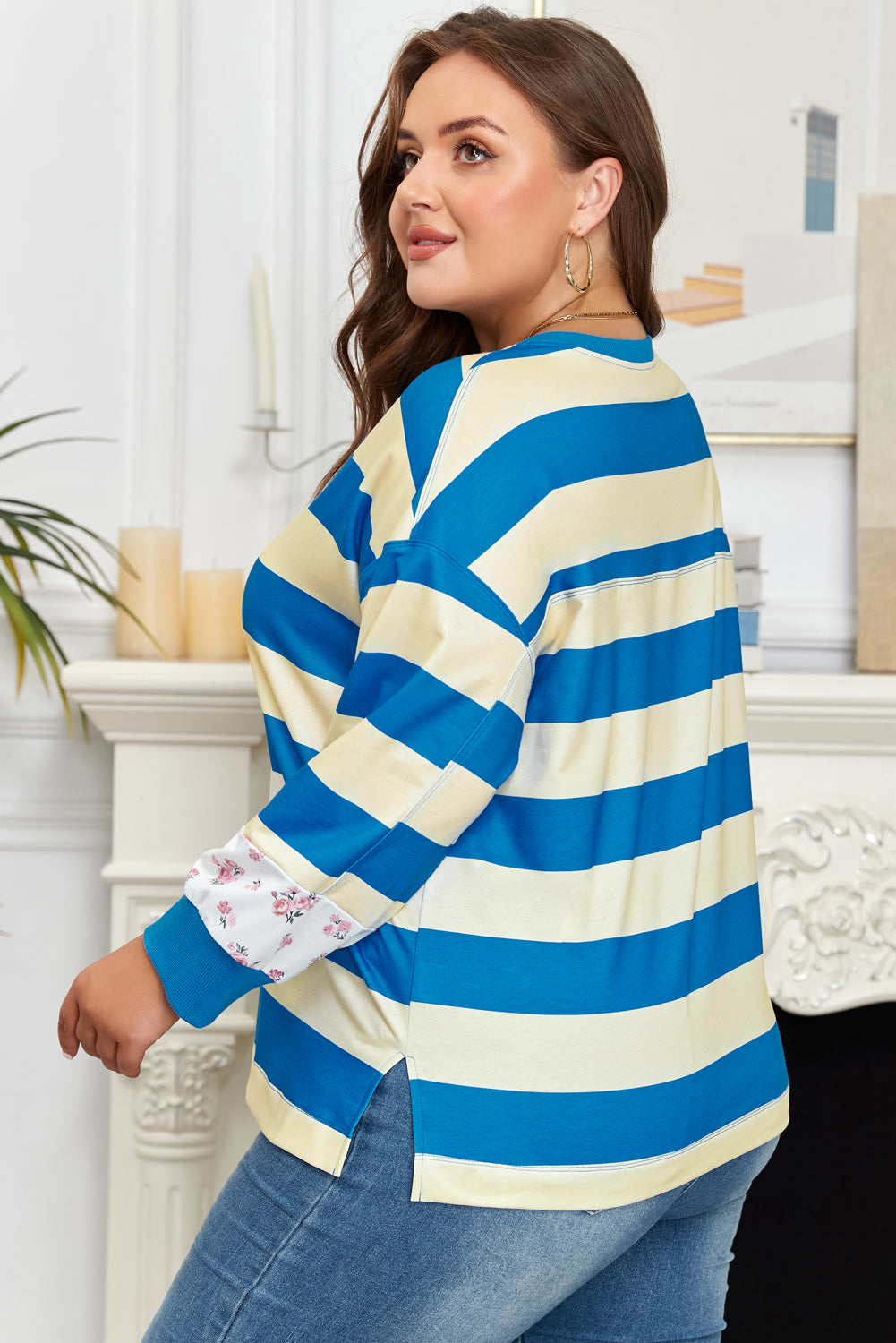 Blue Stripe Floral Drop-Shoulder Pullover — plus-size sweatshirt, Kothlis