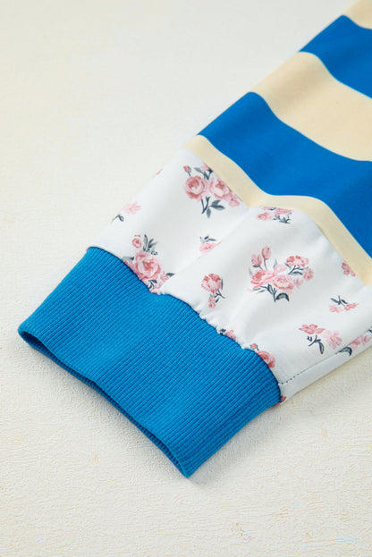 Blue Stripe Floral Drop-Shoulder Pullover — plus-size sweatshirt, Kothlis