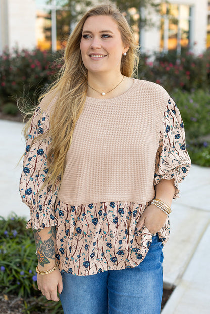 Beige Faux Two-Piece Floral Knit Top — plus-size long-sleeve top, Kothlis