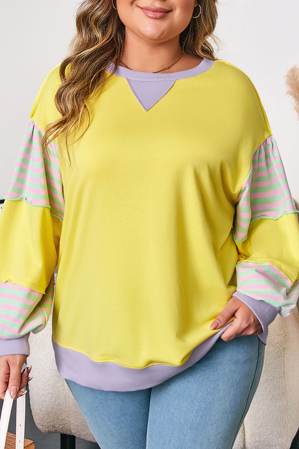 Yellow Stripe Colorblock Crewneck Sweatshirt — plus-size sweatshirt, Kothlis