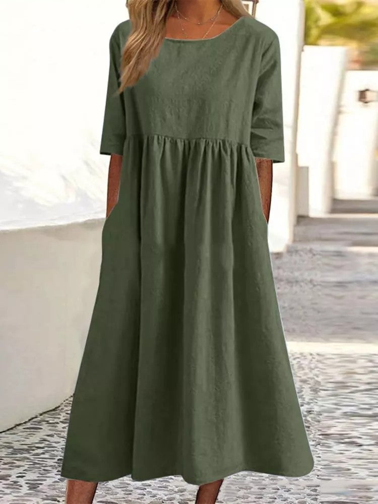 Cotton-Linen Pocket Midi - Round Neck — plus-size dress, Kothlis