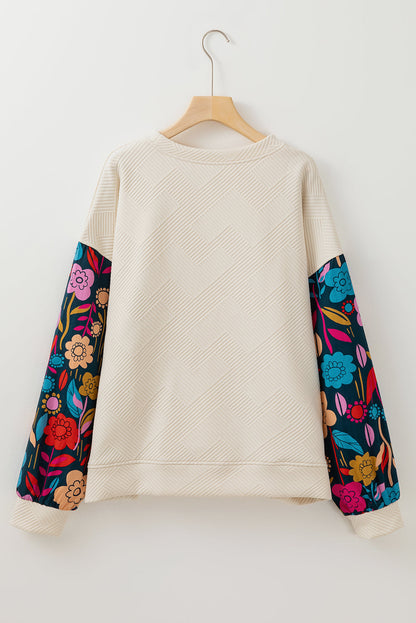 White Floral-Sleeve Textured Pullover — plus-size long-sleeve top, Kothlis