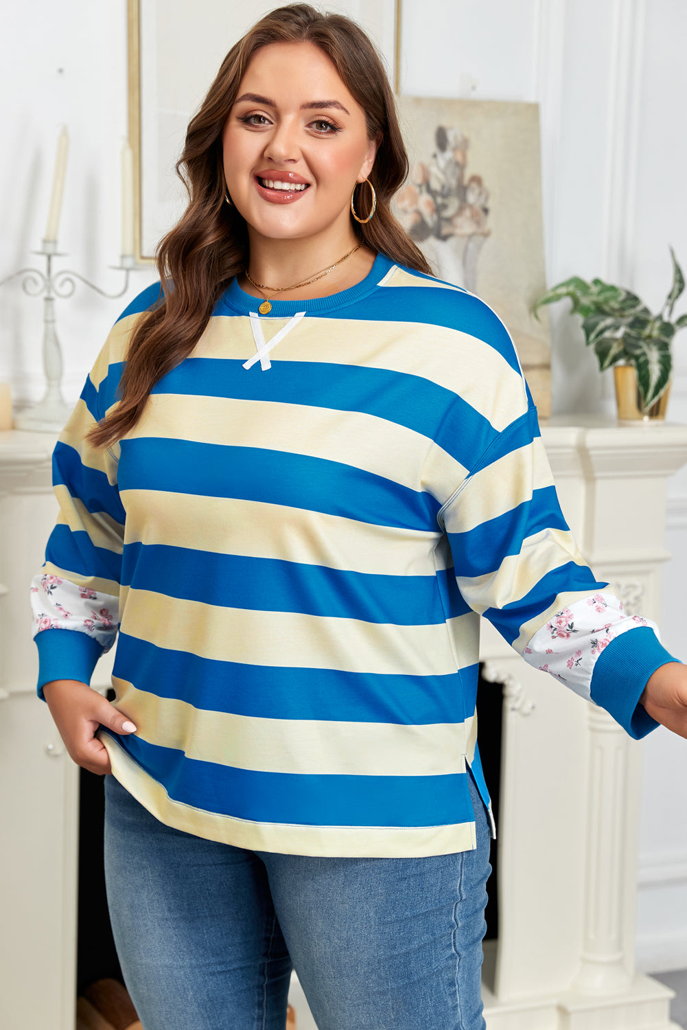 Blue Stripe Floral Drop-Shoulder Pullover — plus-size sweatshirt, Kothlis