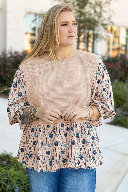 Beige Faux Two-Piece Floral Knit Top — plus-size long-sleeve top, Kothlis