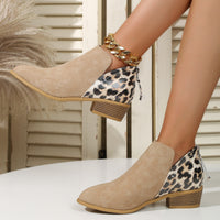 Women's Leopard Print Chunky Heel Boots | Pointed Toe Back Zipper Suede