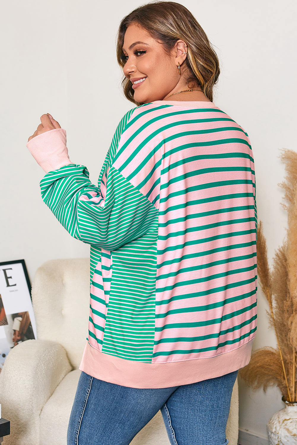 Green Stripe Side-Slit Colorblock Sweatshirt — plus-size sweatshirt, Kothlis