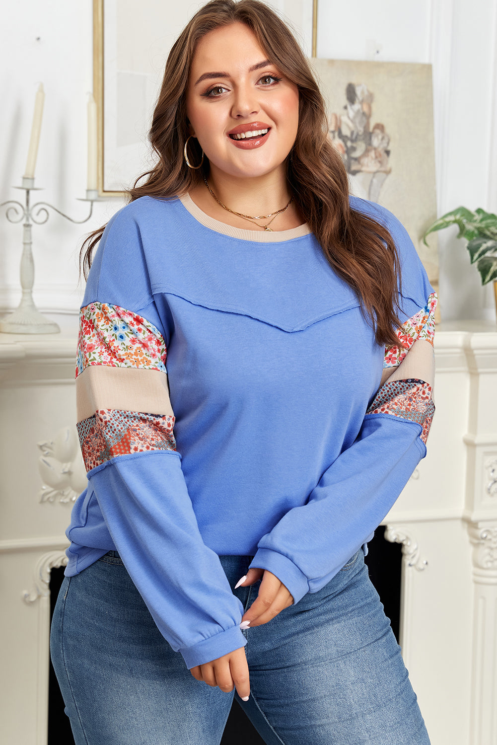 Khaki Floral Patchwork Relaxed Top — plus-size sweatshirt, Kothlis