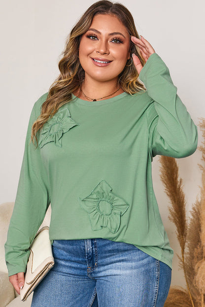Grass Green Floral Applique Mineral-Wash Top — plus-size long-sleeve top, Kothlis