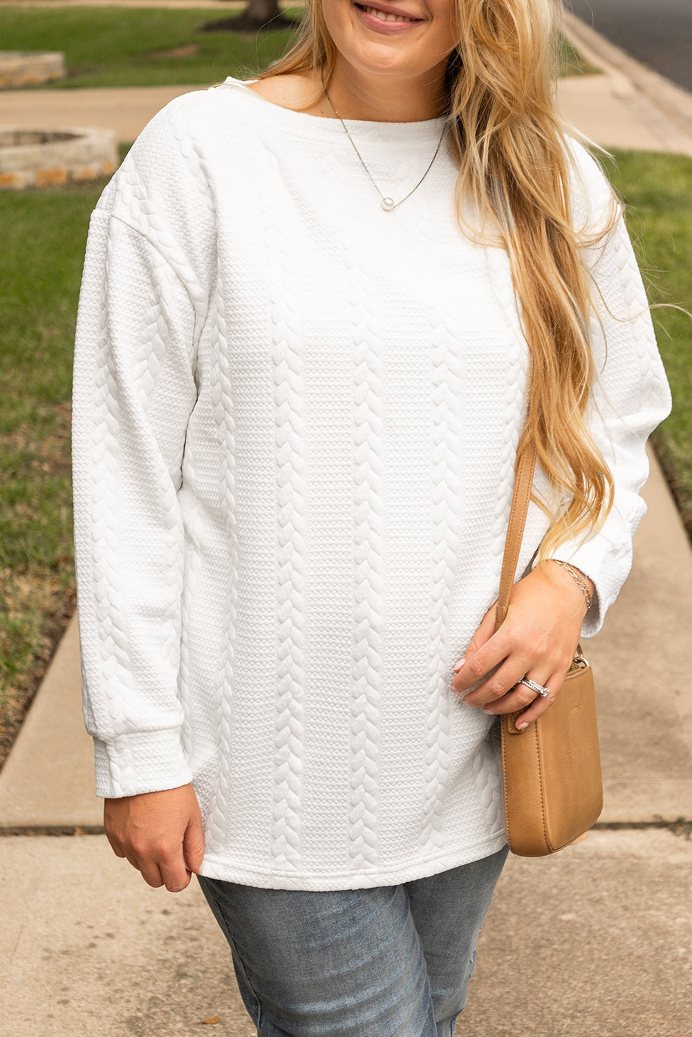 White Cable-Knit Relaxed Sweatshirt — plus-size sweatshirt, Kothlis