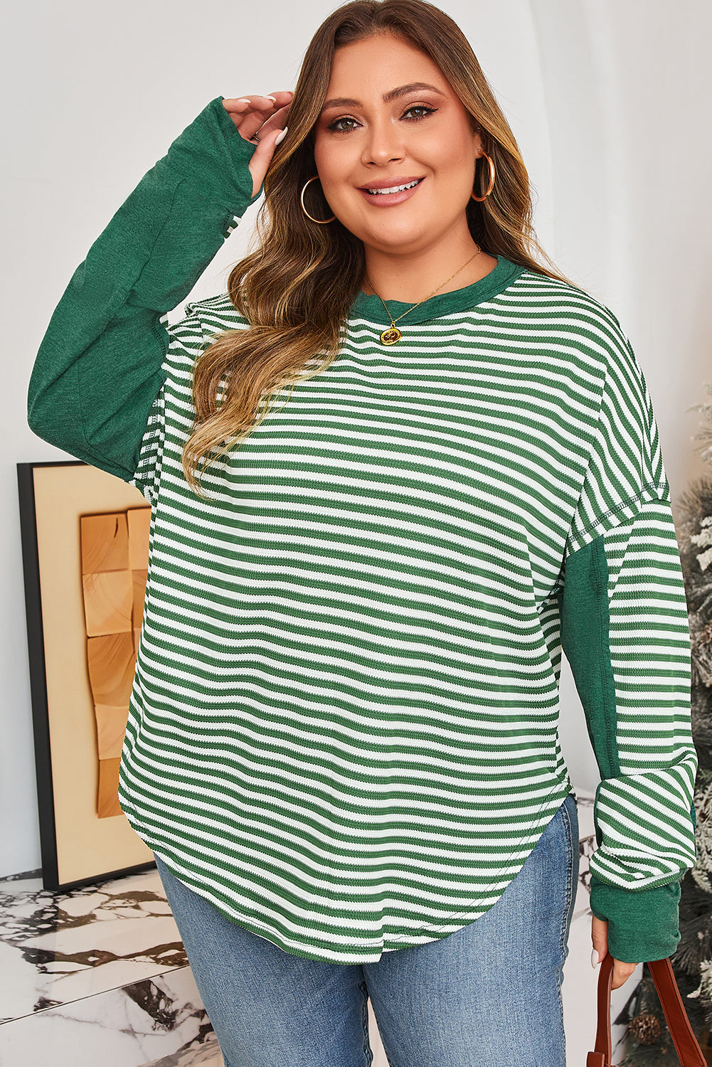 Green Stripe Thermal - Exposed-Seam Patchwork — plus-size long-sleeve top, Kothlis