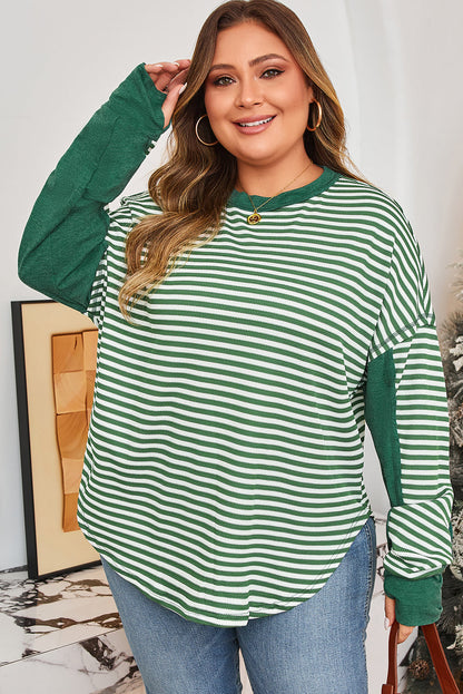 Green Stripe Thermal - Exposed-Seam Patchwork — plus-size long-sleeve top, Kothlis