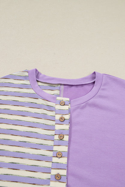 Purple Stripe Buttoned Drop-Shoulder Pullover — plus-size long-sleeve top, Kothlis
