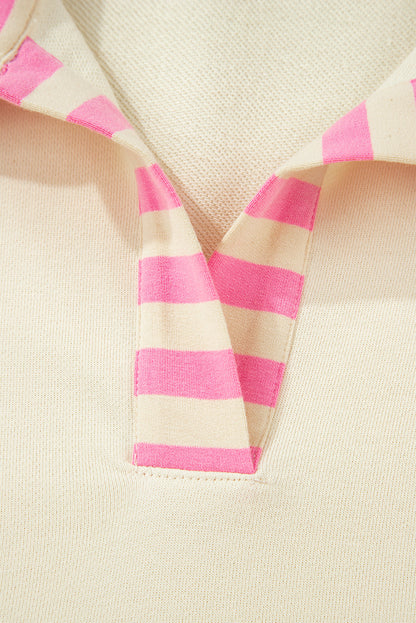Pink Stripe Polo-Collar Drop-Shoulder Pullover — plus-size sweatshirt, Kothlis