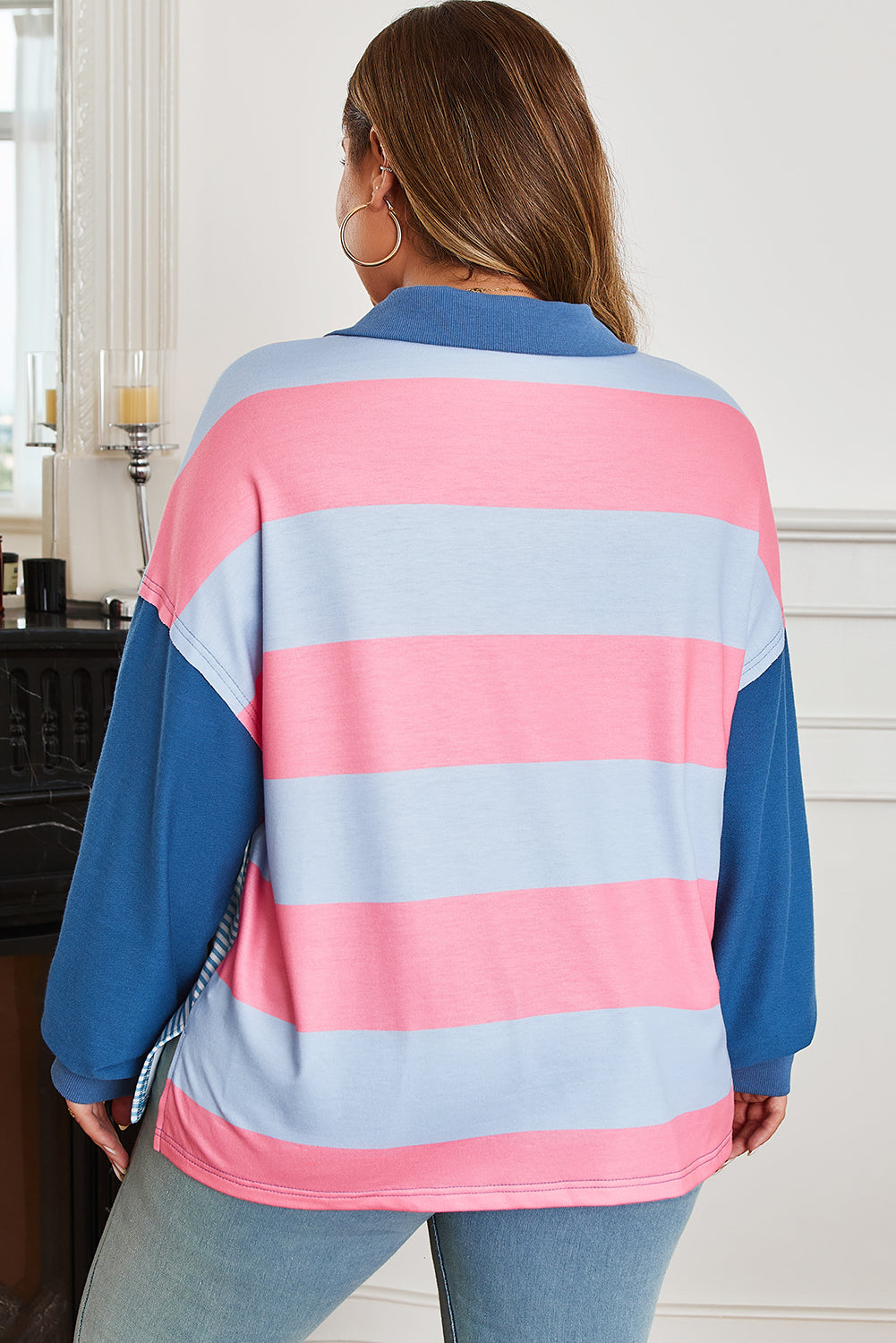 Blue Stripe Zip-Up Colorblock Pullover — plus-size sweatshirt, Kothlis