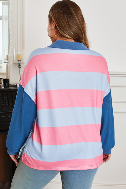 Blue Stripe Zip-Up Colorblock Pullover — plus-size sweatshirt, Kothlis