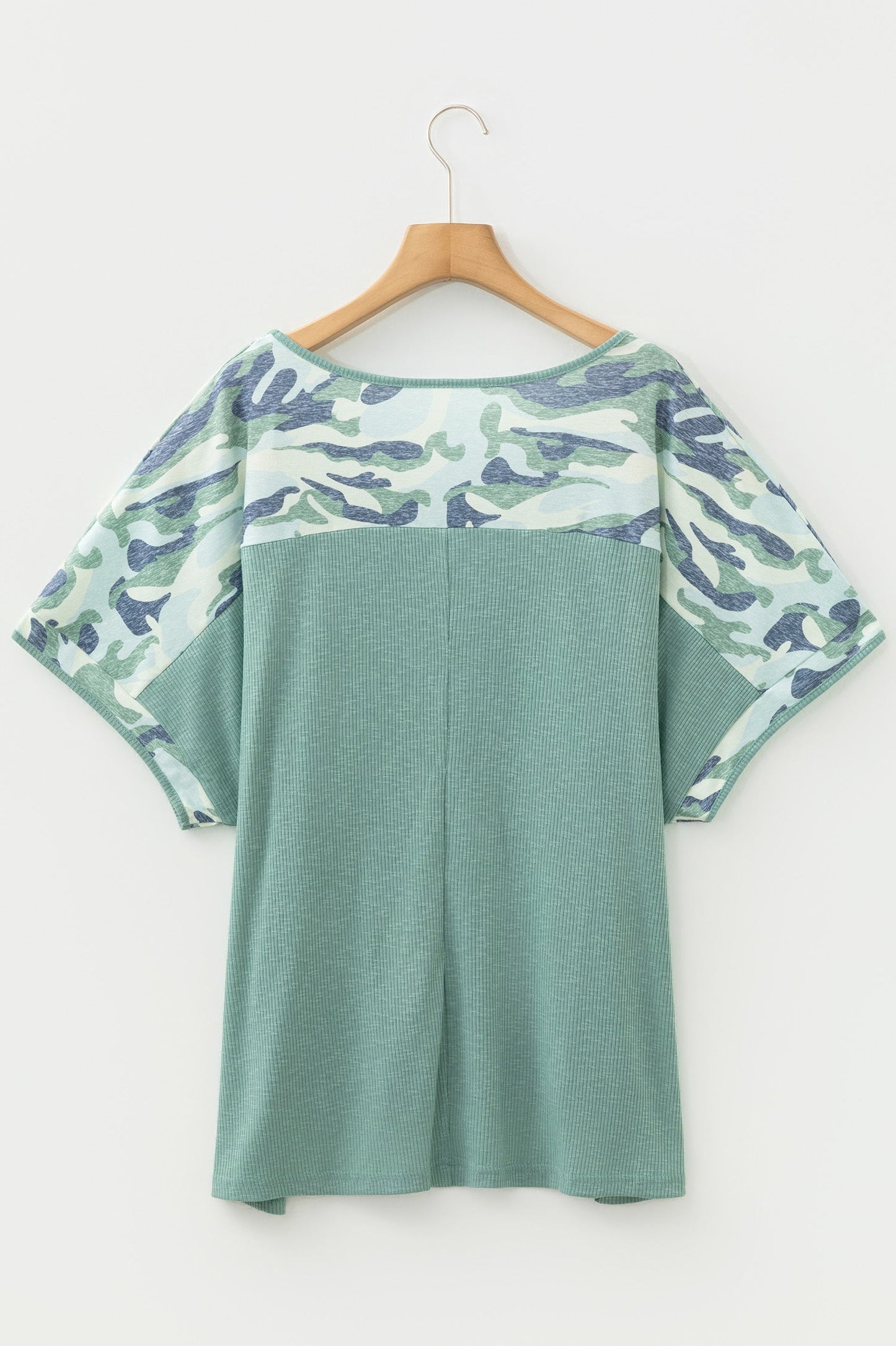 Mazie - Ribbed V-Neck Tee with Camo Patchwork — plus-size top, Kothlis