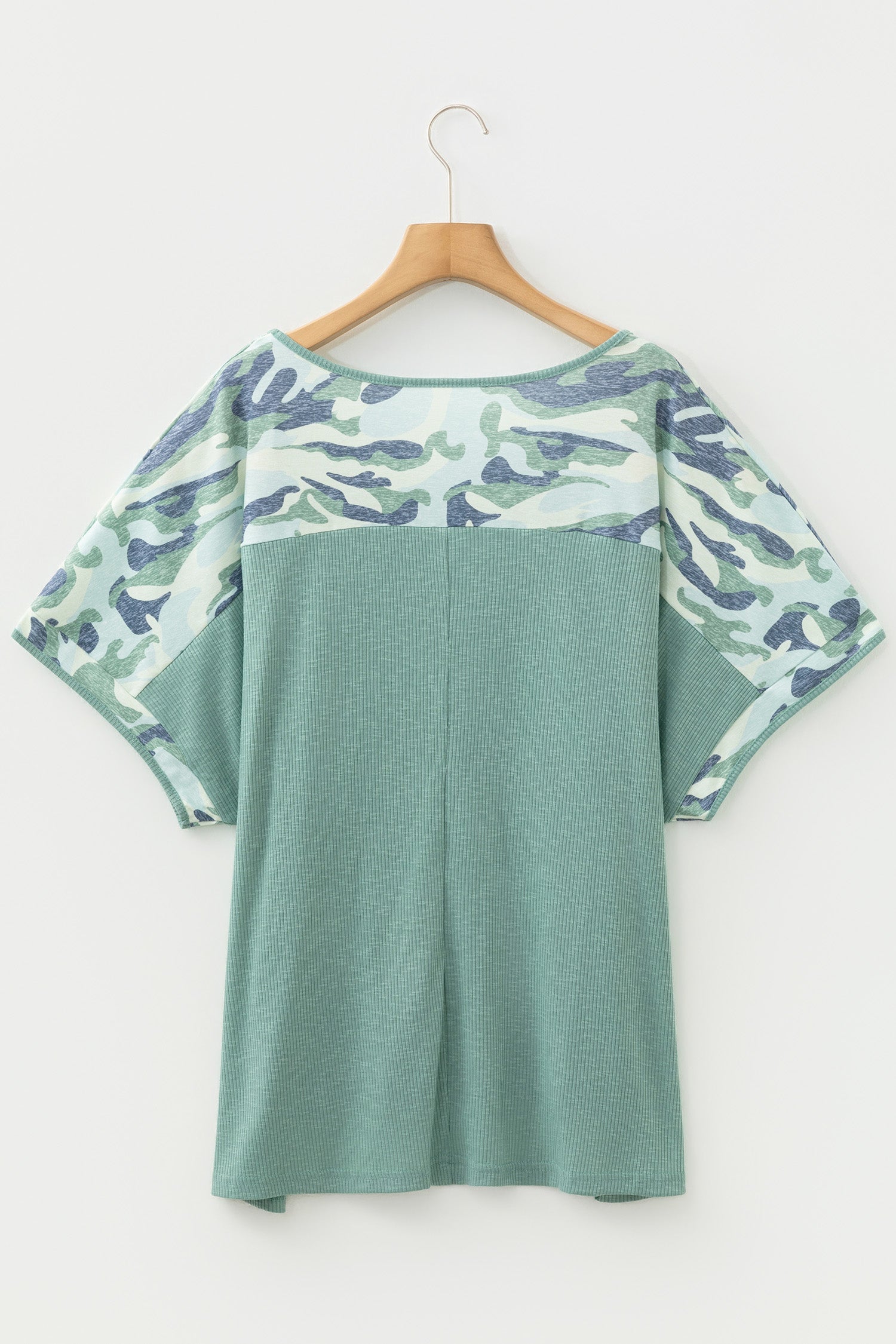 Mazie - Ribbed V-Neck Tee with Camo Patchwork — plus-size top, Kothlis