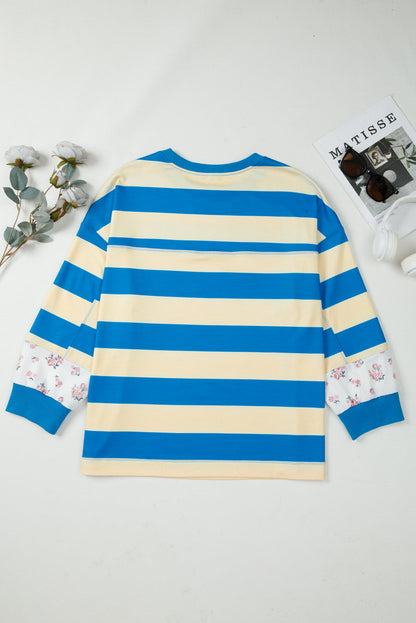 Blue Stripe Floral Drop-Shoulder Pullover — plus-size sweatshirt, Kothlis