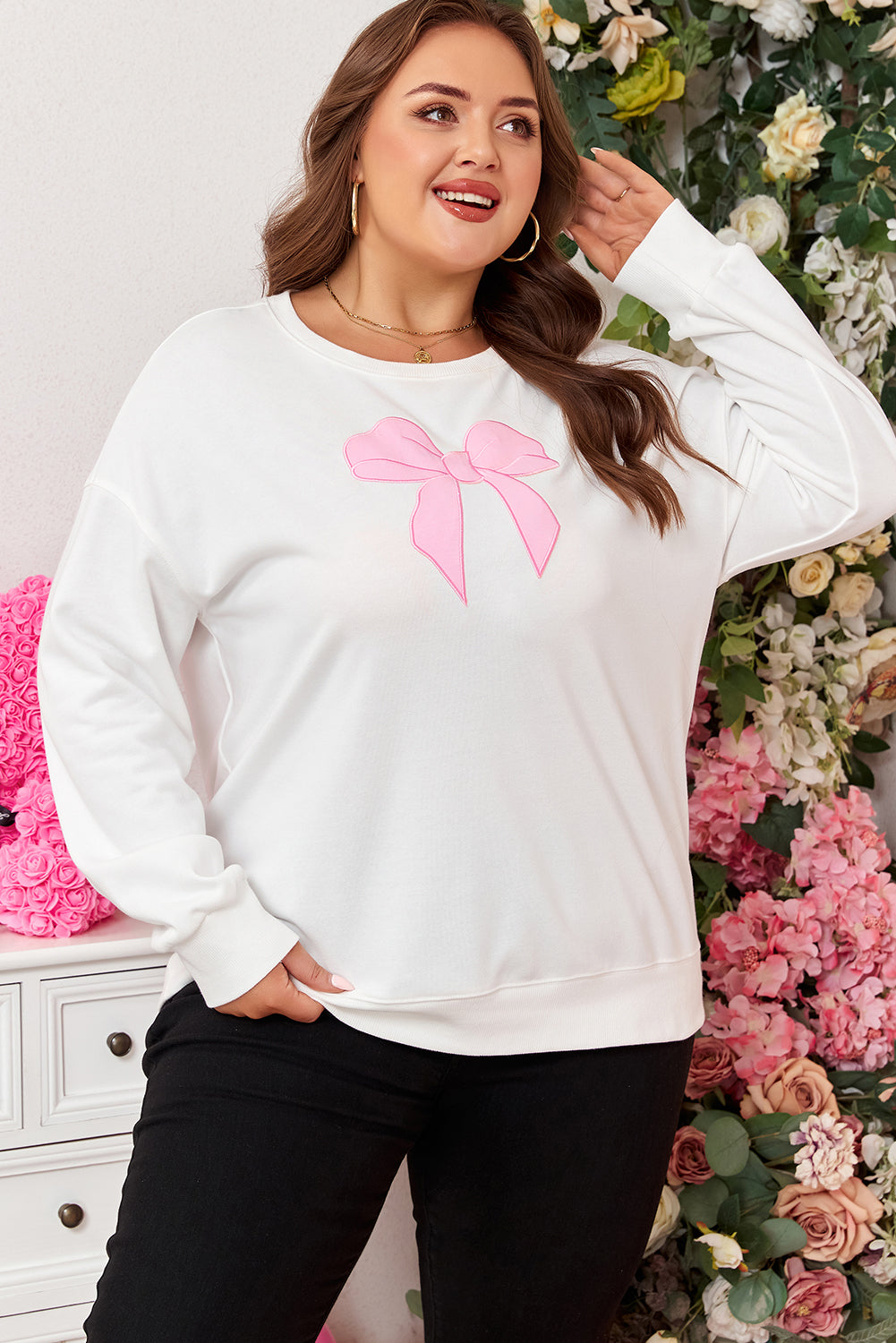Beige Big-Bow Drop-Shoulder Sweatshirt — plus-size sweatshirt, Kothlis