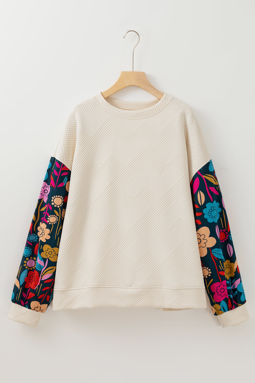 White Floral-Sleeve Textured Pullover — plus-size long-sleeve top, Kothlis