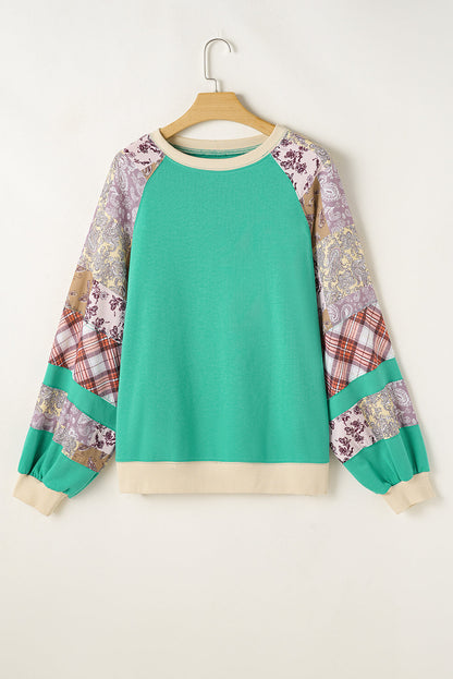 Sky Blue Plaid + Floral Raglan Sweatshirt — plus-size sweatshirt, Kothlis