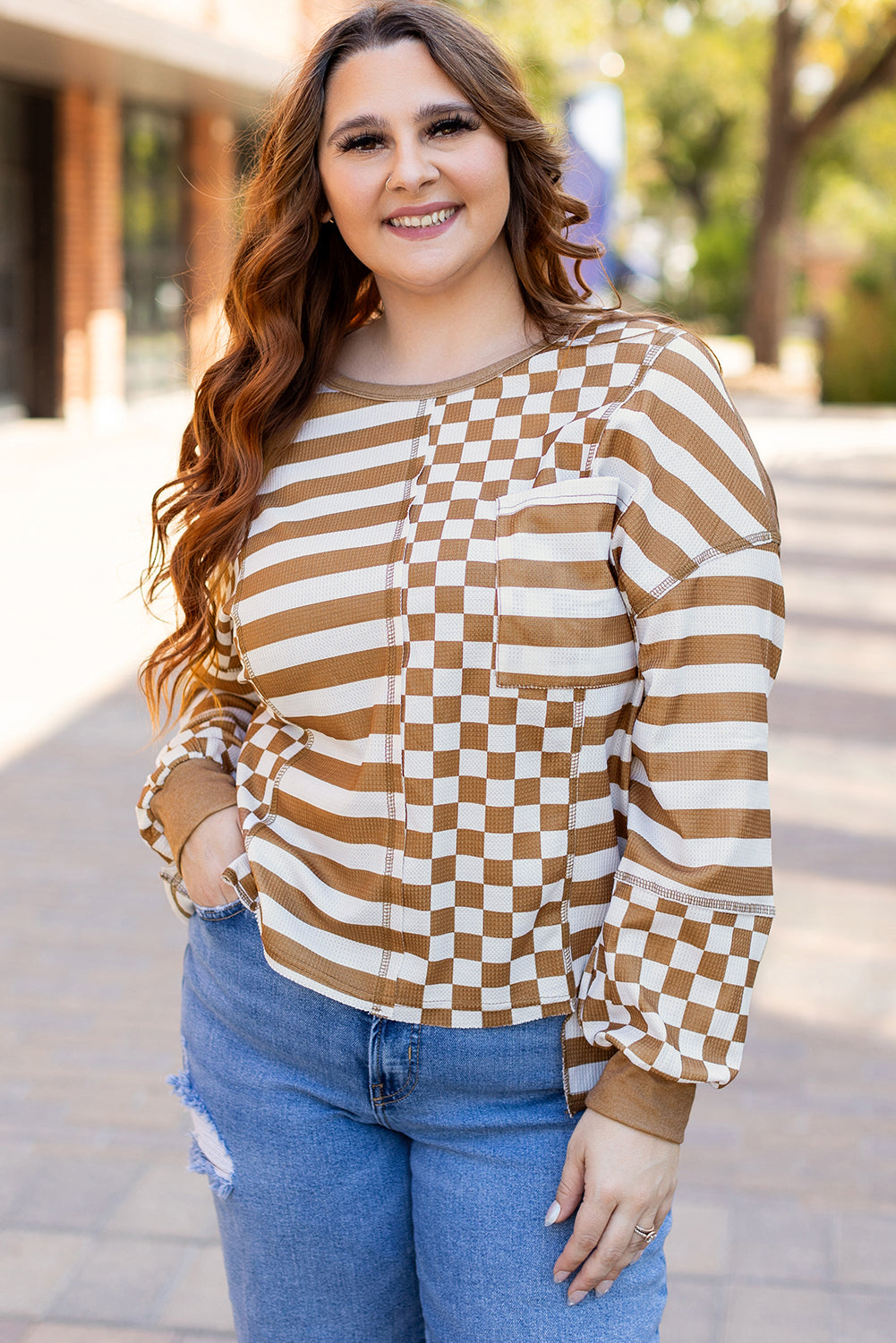 Khaki Stripe + Check Mixed-Print Pocket Top — plus-size long-sleeve top, Kothlis