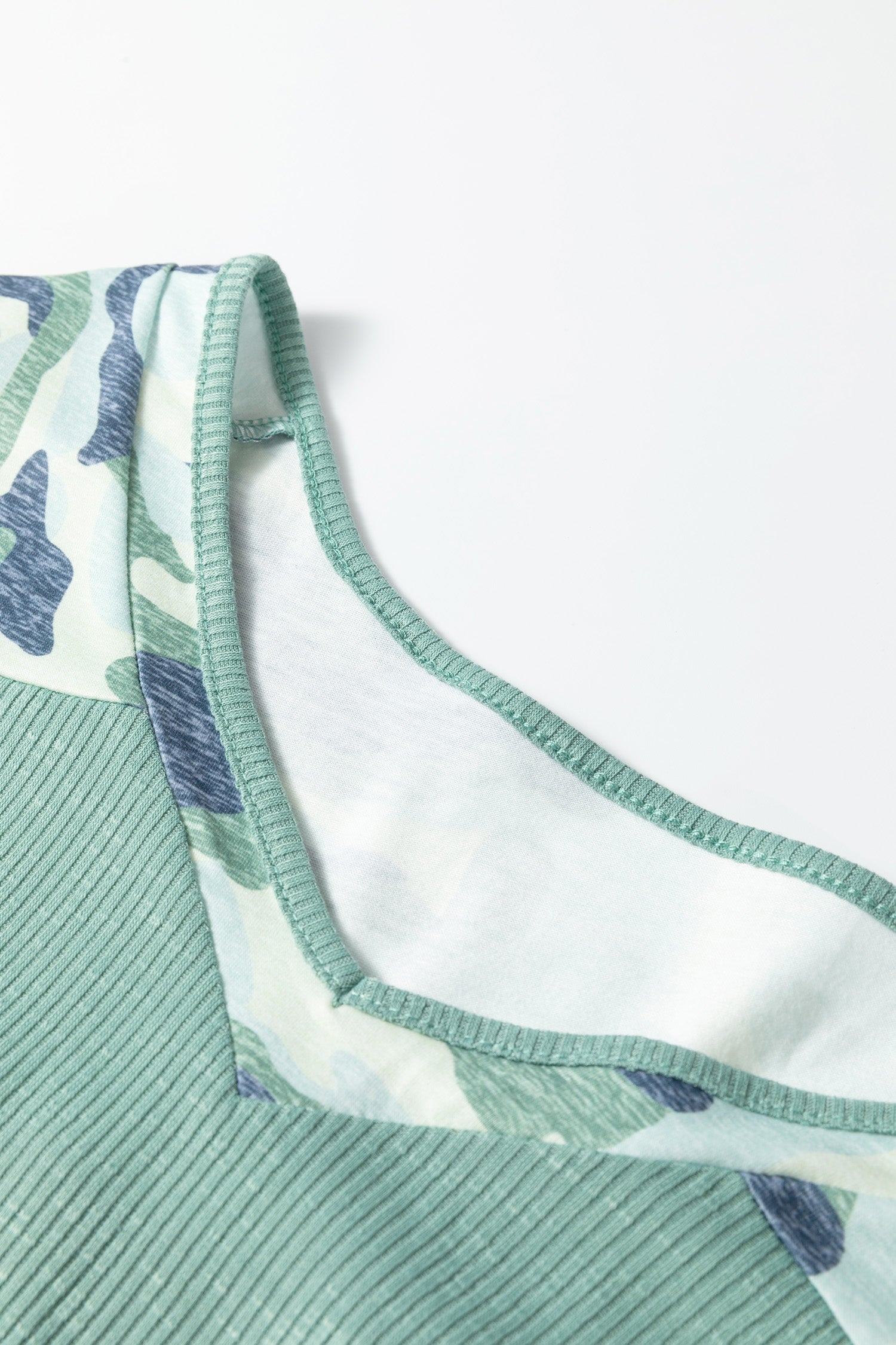 Mazie - Ribbed V-Neck Tee with Camo Patchwork — plus-size top, Kothlis