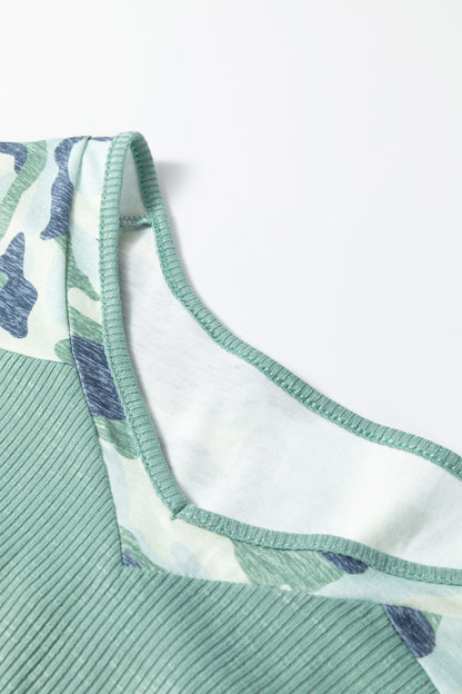 Mazie - Ribbed V-Neck Tee with Camo Patchwork — plus-size top, Kothlis