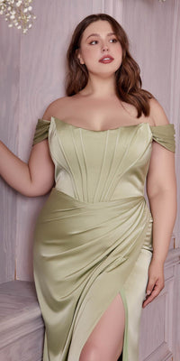 Cinderella Divine 7484C Plus Size Off the Shoulder Corset Satin Formal Gown
